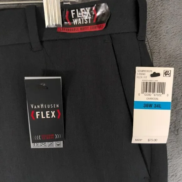NWT Van Heusen Dress Pants Mens 36x34 Gray Flex Straight Fit Stretch Flat Front - Picture 2 of 9